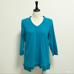 Rafaella Teal Blue Green V Neck 3/4 Sleeve Textured Stripe Top NWT 1X Stretch
